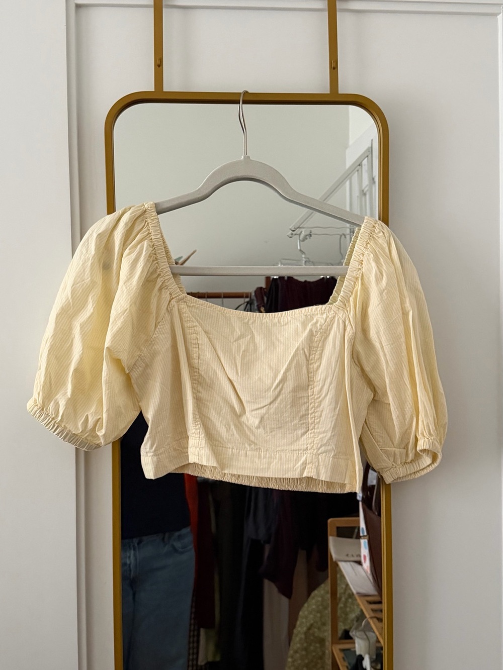 Cropped Puff-Sleeve Square Neck Top in Butter Yellow